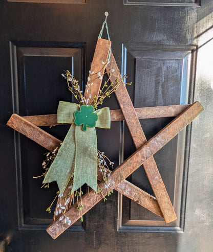 Rustic Wooden Star Door Hanger, St. Patrick’s Day Farmhouse Decor with Shamrock Accent