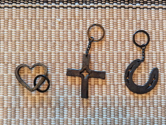 Amish made Forged Steel Keychain - Religious Cross, Heart, Horseshoe. Vintage Backpack/Book Bag, Gift 4 Horse Lovers, Love, Stocking Stuffer