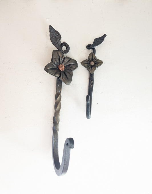 Forged Steel Key/Towel Hook- Small/Large Flower Leaf Design, Handmade w/ Twisted Accent- Blacksmith Created Kitchen, Entryway, Bathroom Dec.