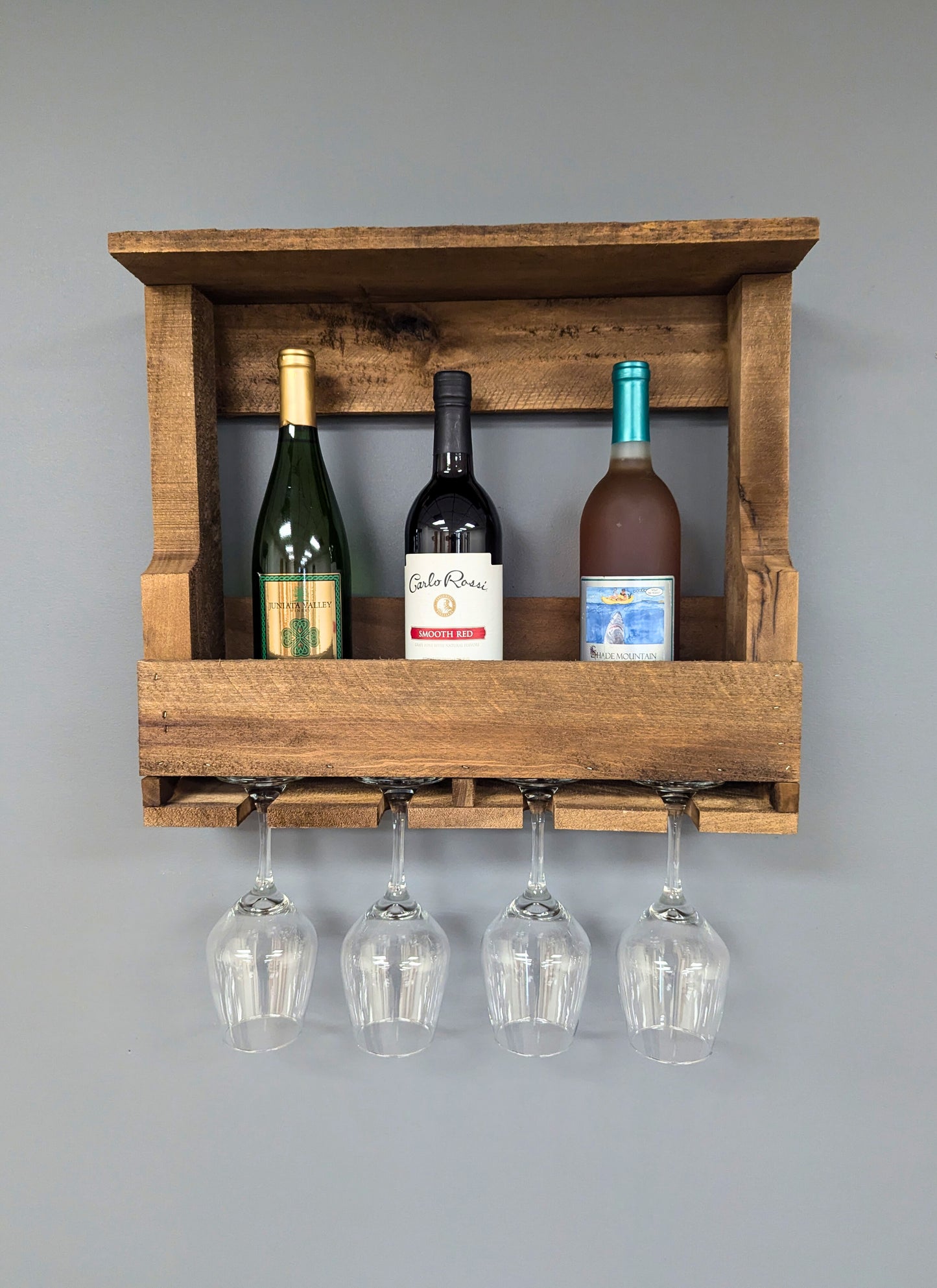 Wooden Wall Mount 4 Bottle Wine Rack - Amish Made Wine Storage & Wine Glass Hanger