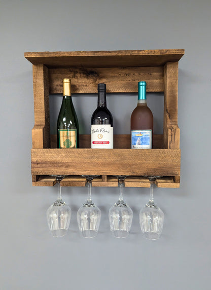 Wooden Wall Mount 4 Bottle Wine Rack - Amish Made Wine Storage & Wine Glass Hanger