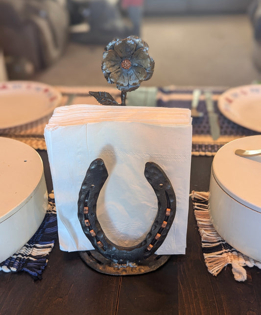 Forged Steel Napkin Holder w/ Horseshoe and Flower Accent –  Rustic Kitchen Accessory, Flower Design for Pony Lovers, Ranch & Farm Decor