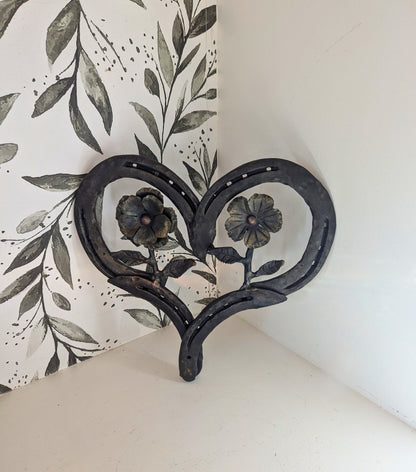 Amish Hand Forged Steel Heart Decor w/ Flower & Leaf Accents - Horseshoe,  Gift for Her, Stand Alone Decoration, Valentine's Gift.