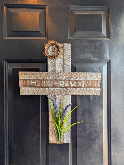 Amish Made Wooden "He is risen" Cross Decor | Wood Lathe Cross | Rustic Farmhouse Christian Home Decor | White or Natural Wood