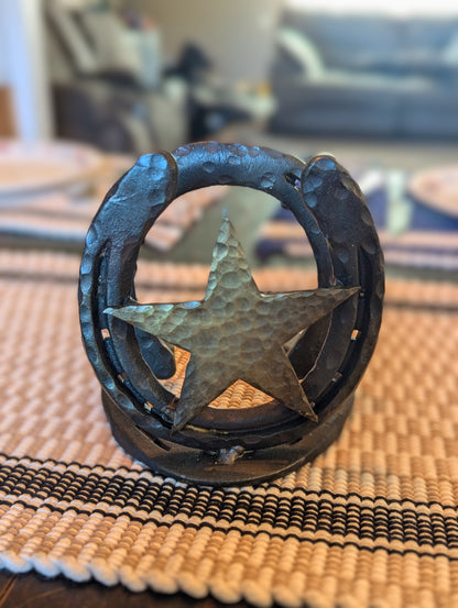 Hand-Forged Steel Napkin Holder - Horseshoe and Star Accent | Amish Blacksmith made Kitchen Accessory | Rustic Farm, Ranch, & Metal Decor