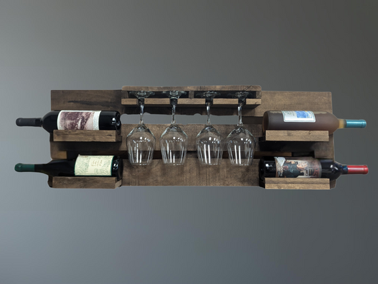 Wall Mount 4 Bottle Wine Rack - Amish Made Wine Storage with 4 Glass Hanger - Bar Decor & Kitchen Organization - White or Stained