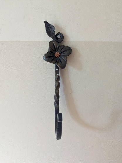 Forged Steel Key/Towel Hook- Small/Large Flower Leaf Design, Handmade w/ Twisted Accent- Blacksmith Created Kitchen, Entryway, Bathroom Dec.