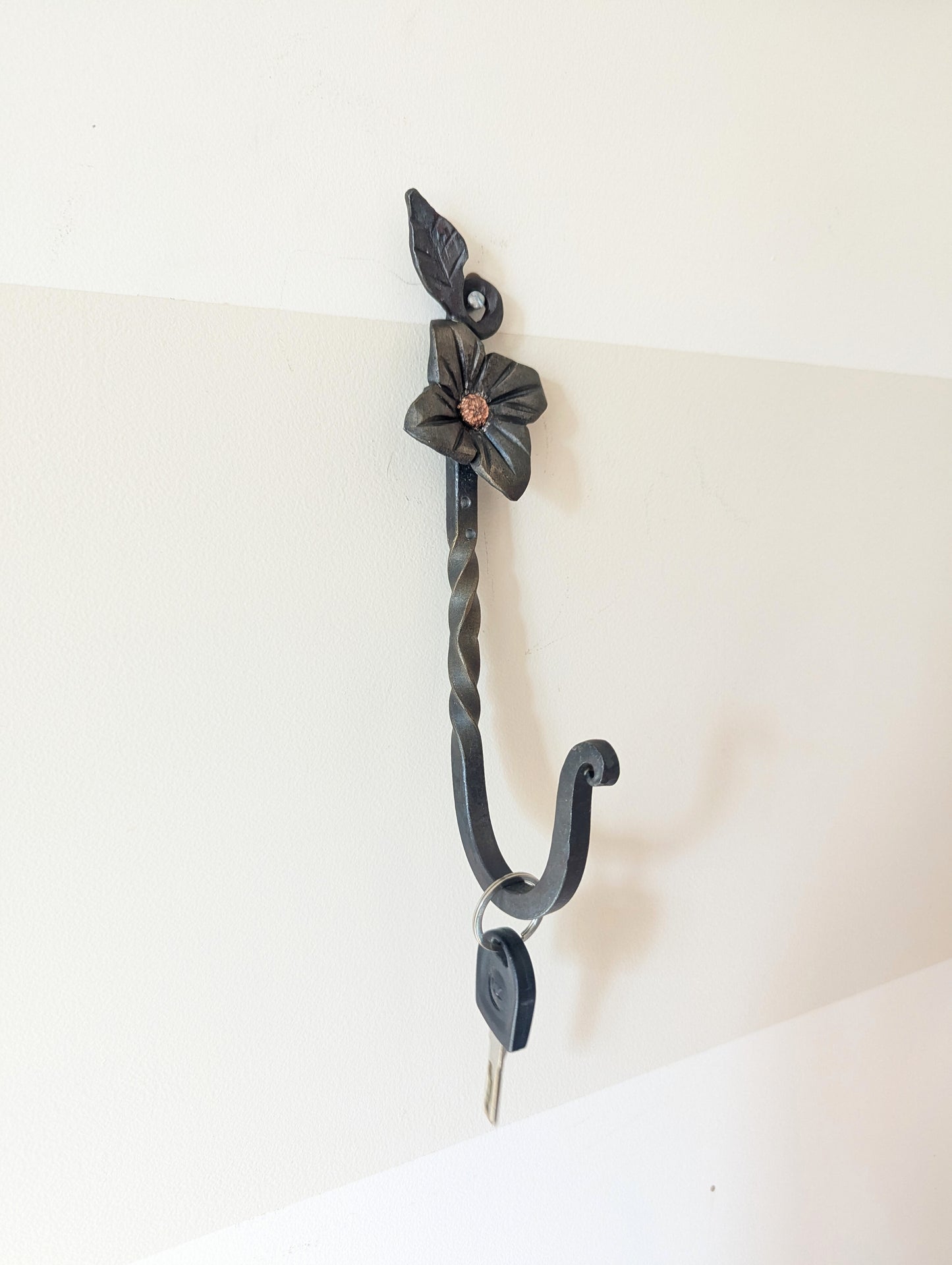 Forged Steel Key/Towel Hook- Small/Large Flower Leaf Design, Handmade w/ Twisted Accent- Blacksmith Created Kitchen, Entryway, Bathroom Dec.