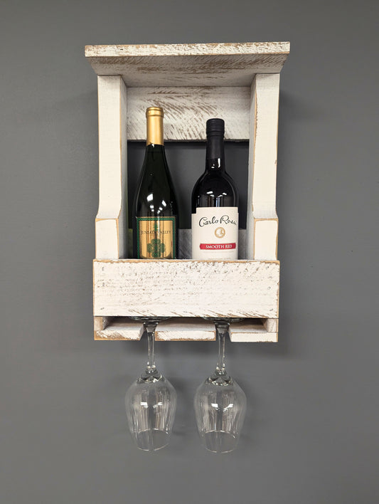 Wall Mount Wooden Wine Rack -2 Bottle Holder with Glass Hanger- Amish Made