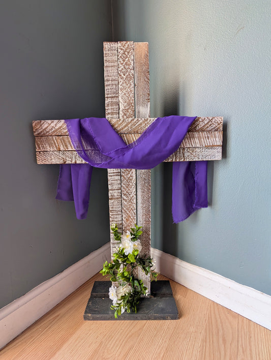 Amish Made Wooden Cross Decor | Wood Lathe Cross with Base | Rustic Farmhouse Christian Home Decor | Small or Large | White or Natural Wood