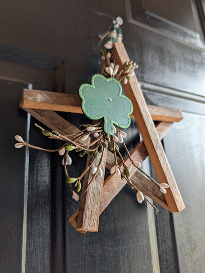 Rustic Wooden Star Door Hanger, St. Patrick’s Day Farmhouse Decor with Shamrock Accent
