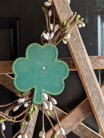 Rustic Wooden Star Door Hanger, St. Patrick’s Day Farmhouse Decor with Shamrock Accent