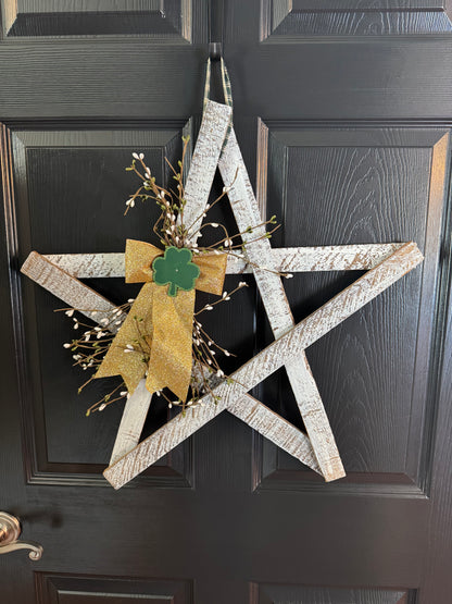 Rustic Wooden Star Door Hanger, St. Patrick’s Day Farmhouse Decor with Shamrock Accent