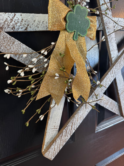 Rustic Wooden Star Door Hanger, St. Patrick’s Day Farmhouse Decor with Shamrock Accent