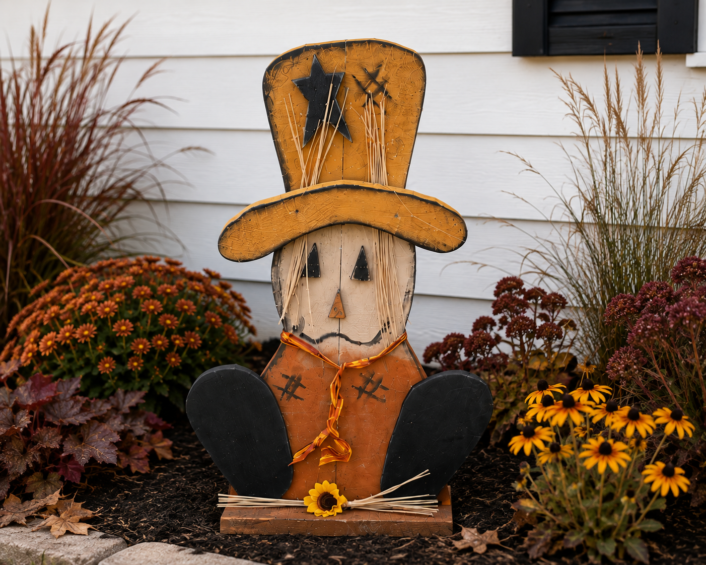 Amish Made Scarecrow Porch Sitter and Yard Stake | Handmade Wooden Garden Decor | Rustic Fall Decor