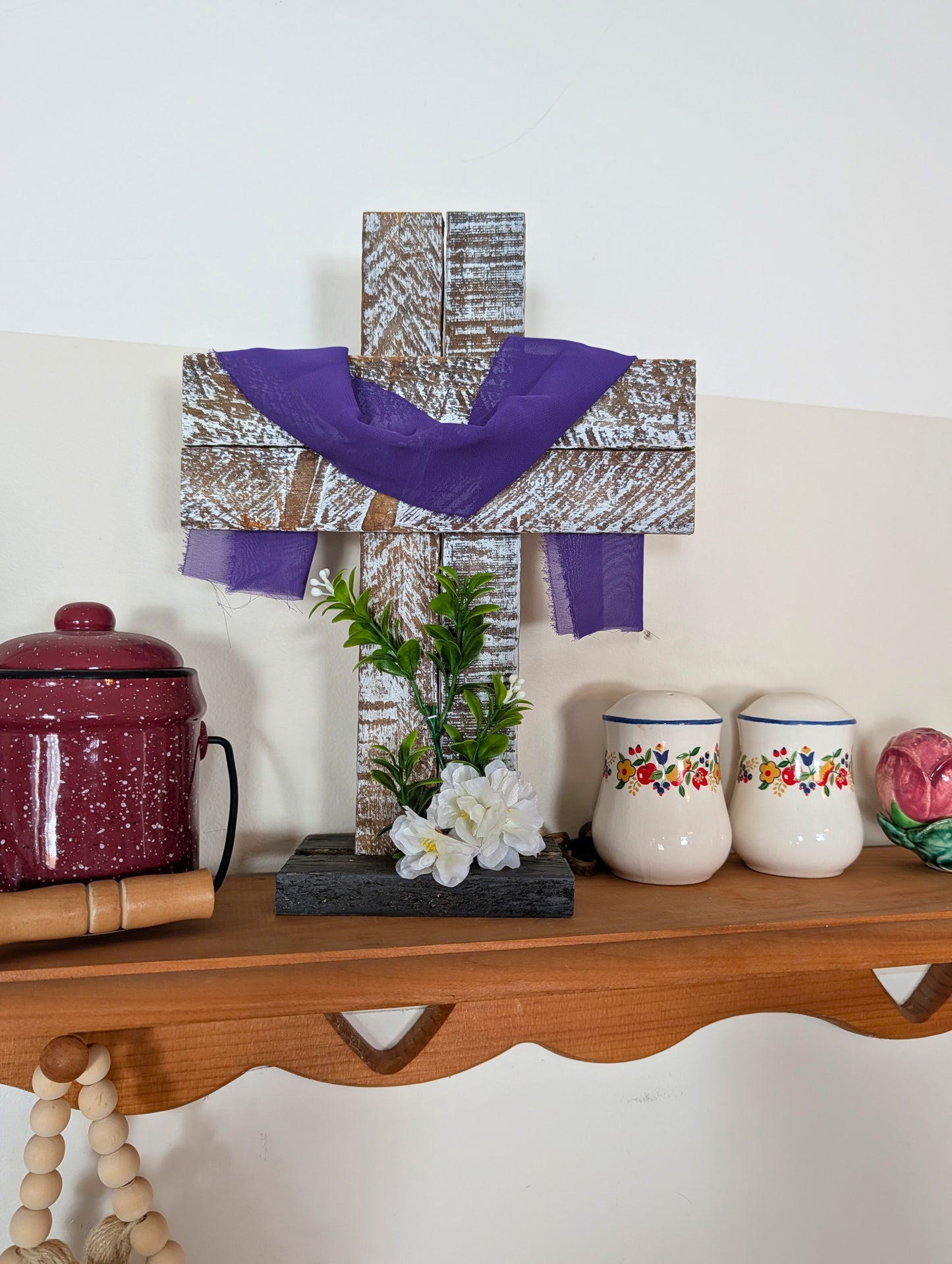 Amish Made Wooden Cross Decor | Wood Lathe Cross with Base | Rustic Farmhouse Christian Home Decor | Small or Large | White or Natural Wood