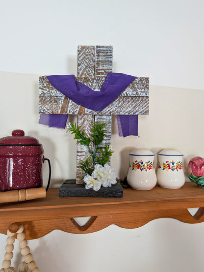Amish Made Wooden Cross Decor | Wood Lathe Cross with Base | Rustic Farmhouse Christian Home Decor | Small or Large | White or Natural Wood