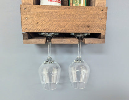 Wall Mount Wooden Wine Rack -2 Bottle Holder with Glass Hanger- Amish Made