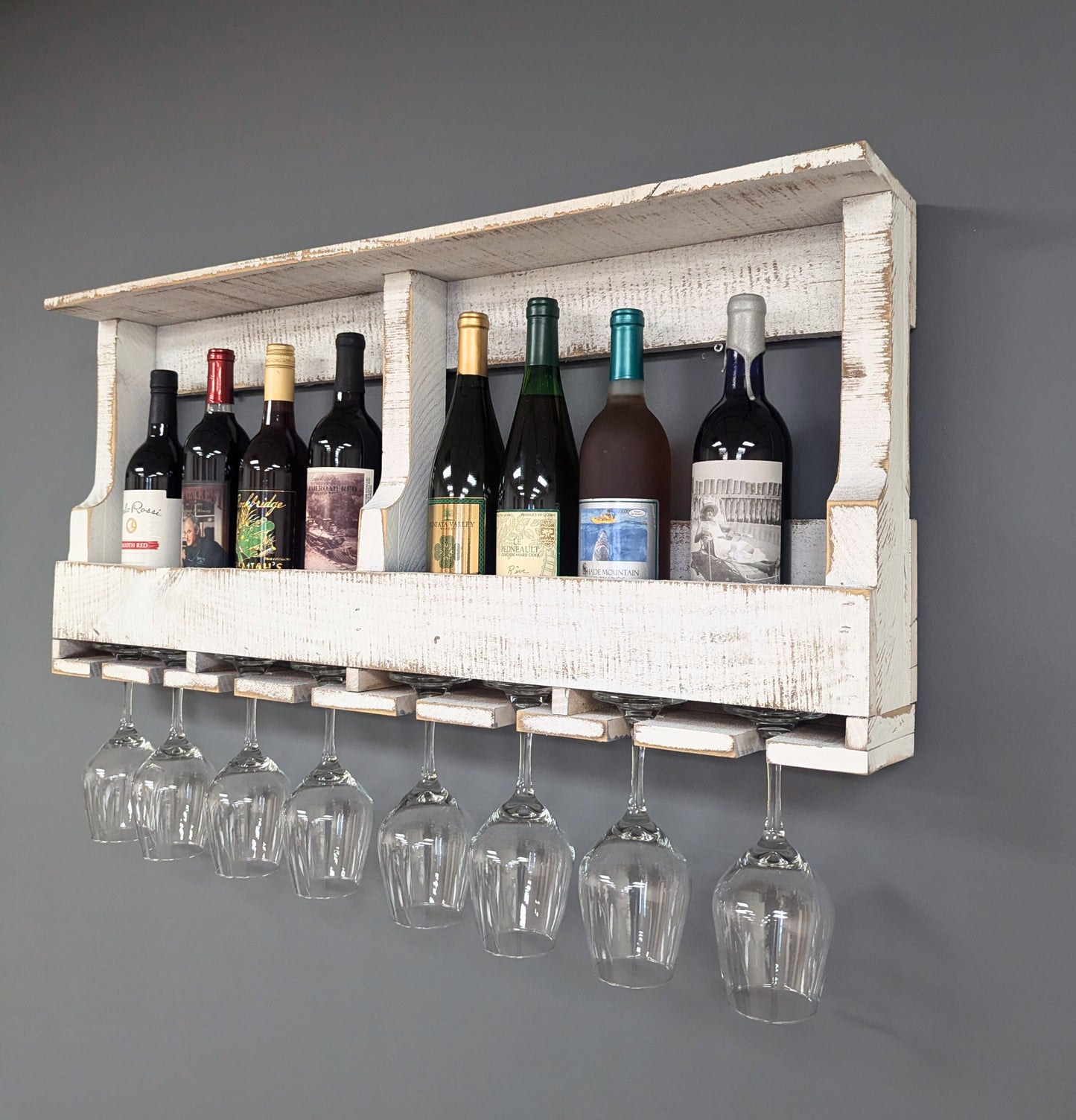 Wall Mounted Wooden 10 Bottle Wine Rack & Glass Hanger - Amish Made