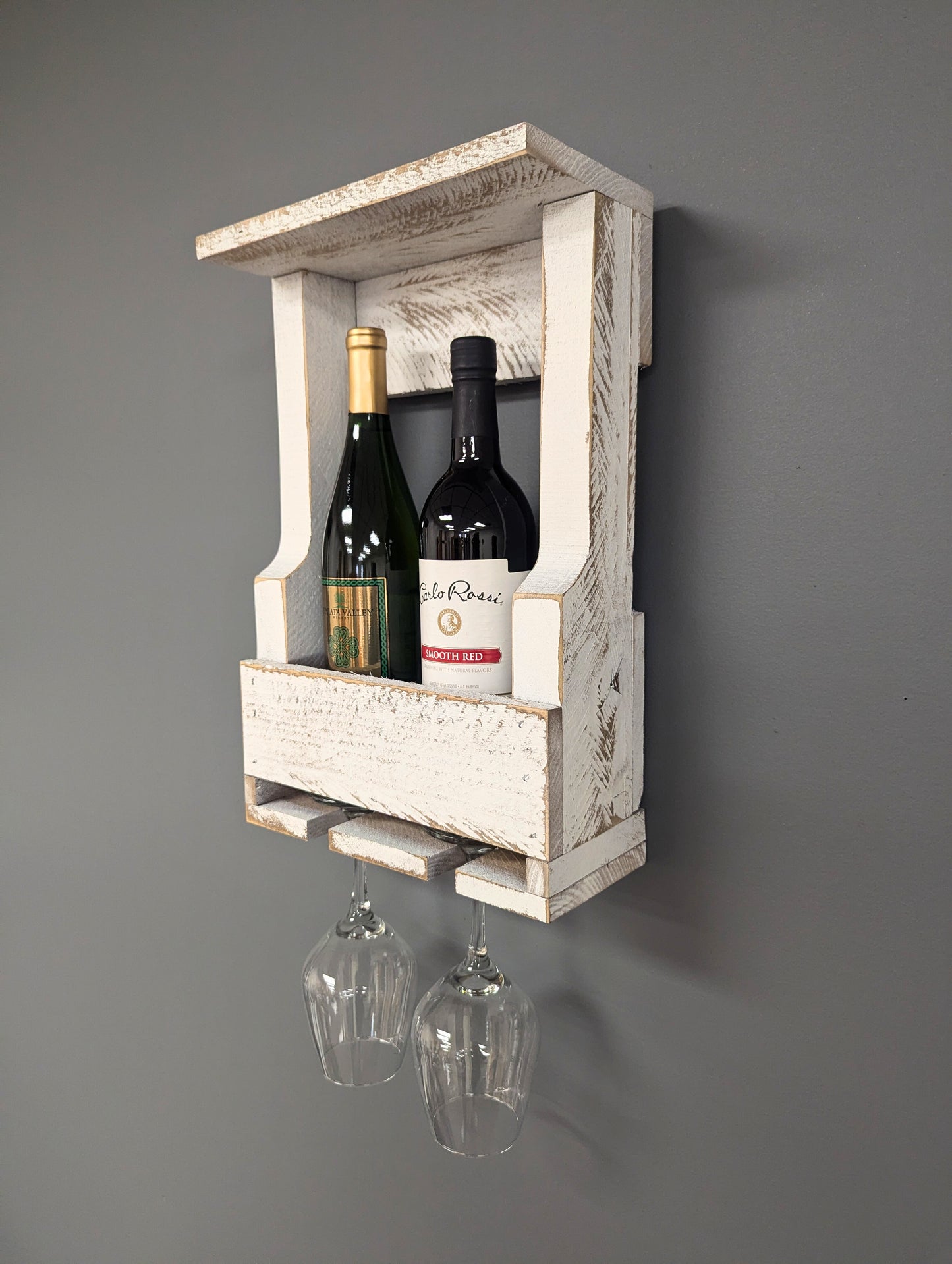 Wall Mount Wooden Wine Rack -2 Bottle Holder with Glass Hanger- Amish Made
