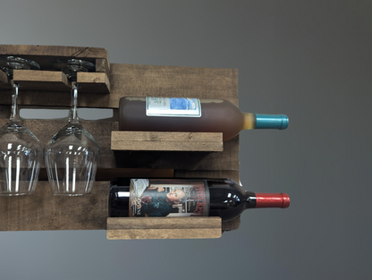 Wall Mount 4 Bottle Wine Rack - Amish Made Wine Storage with 4 Glass Hanger - Bar Decor & Kitchen Organization - White or Stained
