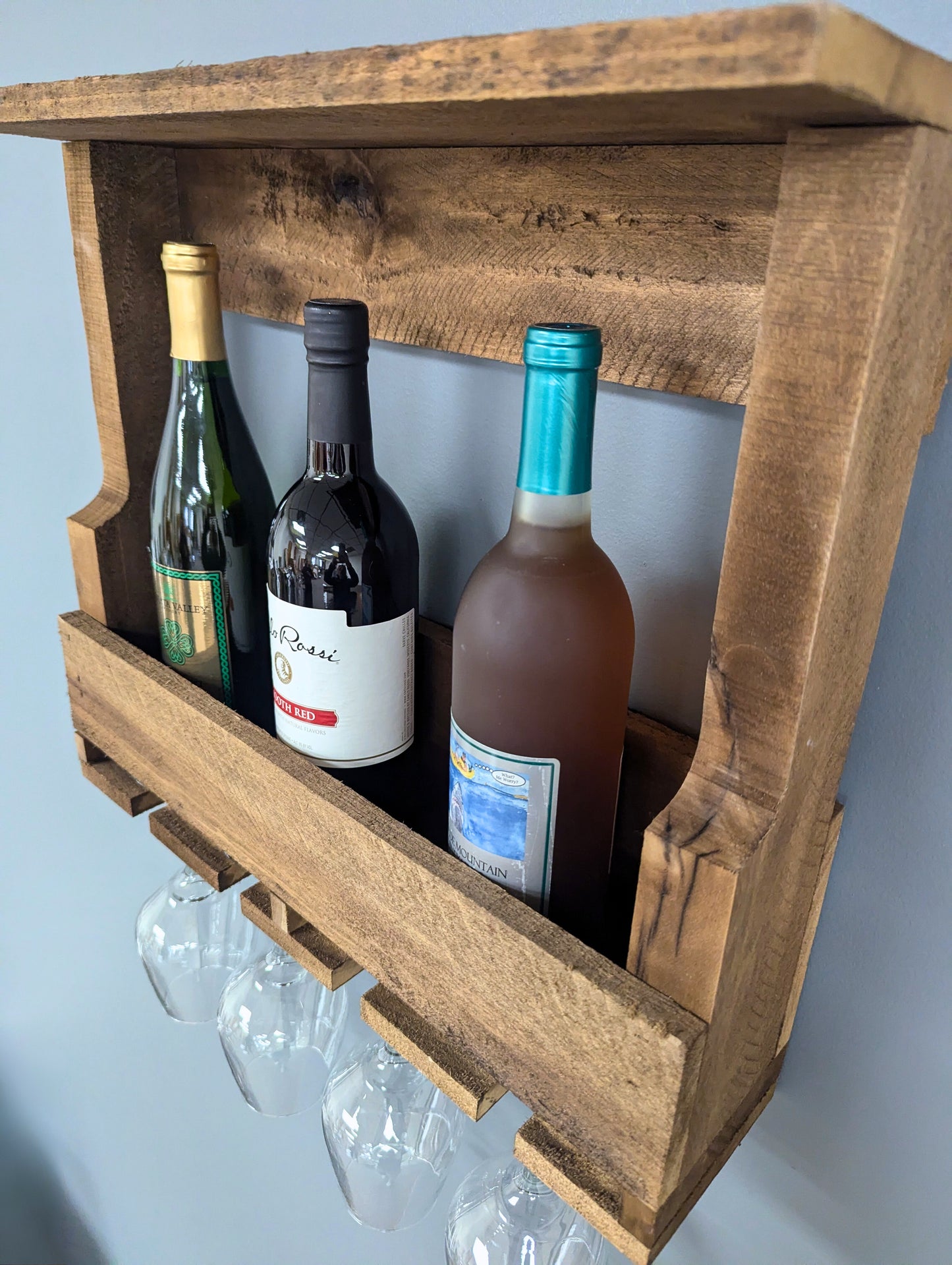 Wooden Wall Mount 4 Bottle Wine Rack - Amish Made Wine Storage & Wine Glass Hanger