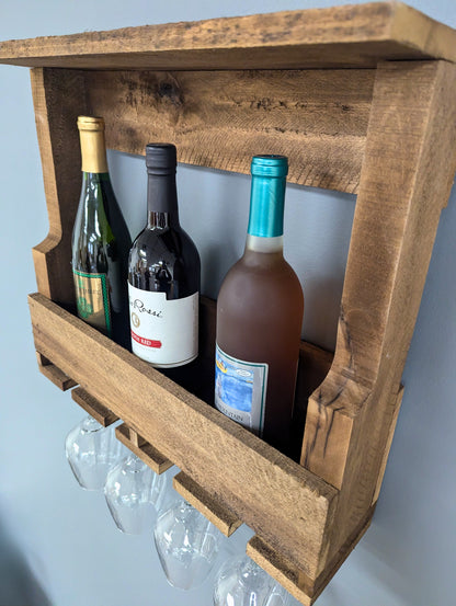 Wooden Wall Mount 4 Bottle Wine Rack - Amish Made Wine Storage & Wine Glass Hanger