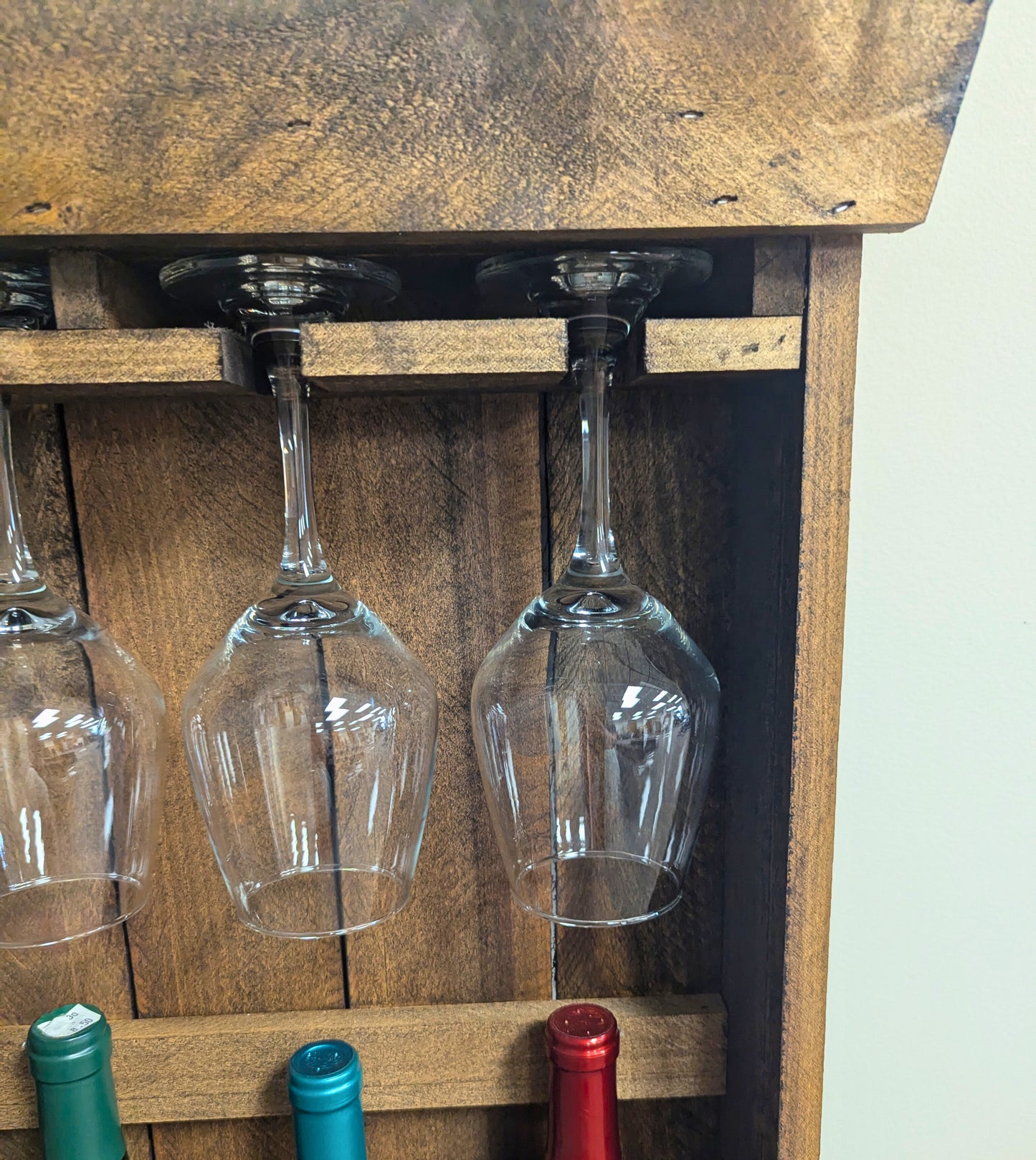 Wall Mount 5 Bottle Wine Rack - Amish Made Wine Storage with Glass Hanger