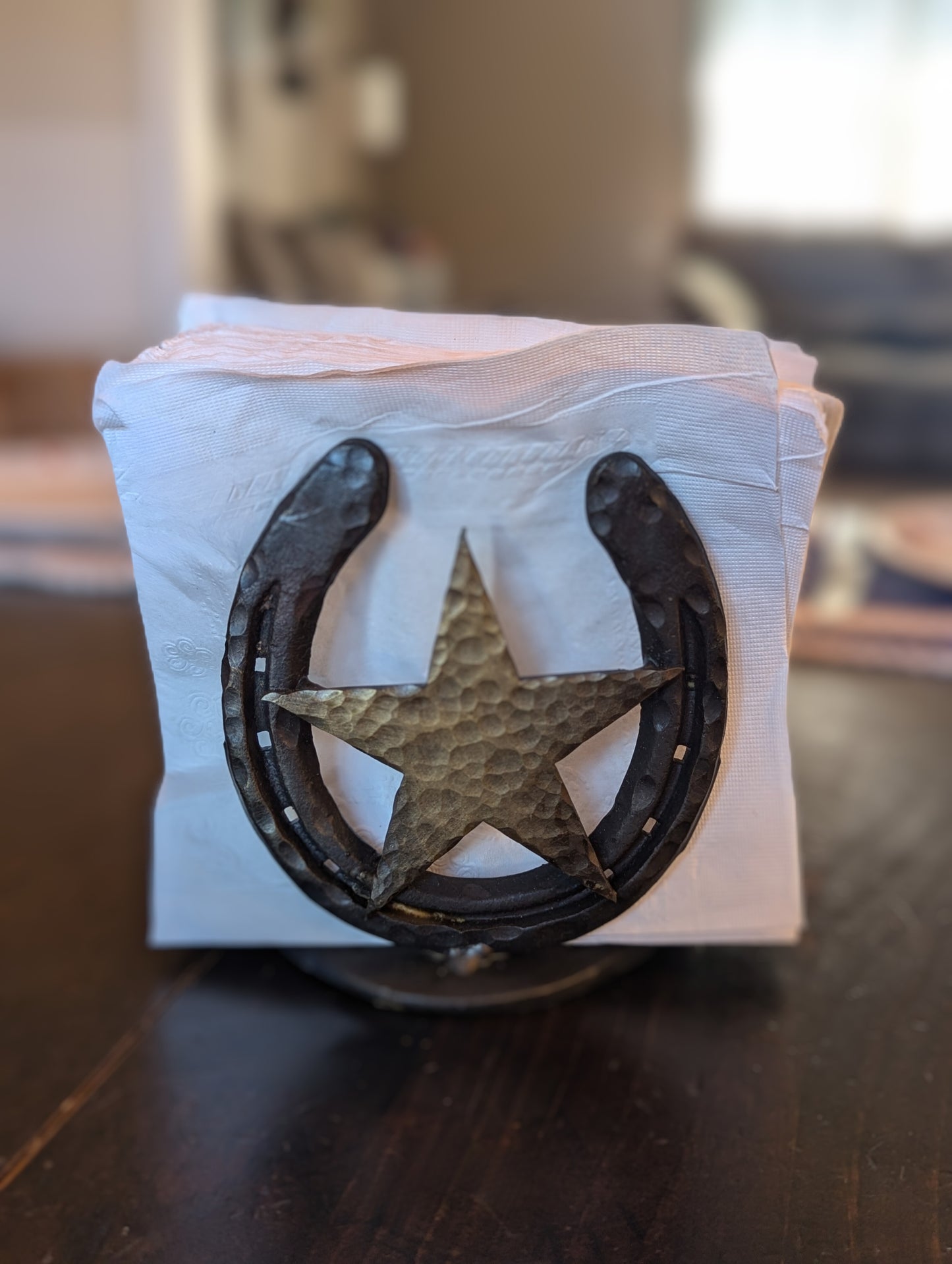 Hand-Forged Steel Napkin Holder - Horseshoe and Star Accent | Amish Blacksmith made Kitchen Accessory | Rustic Farm, Ranch, & Metal Decor