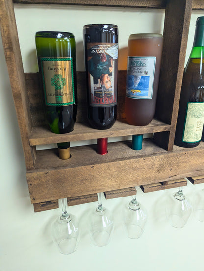 Amish Made 6 Bottle Wine Rack - Wall Mount Wine Storage & Glass Hanger - Wooden Pallet Bar Decor - Kitchen Organization