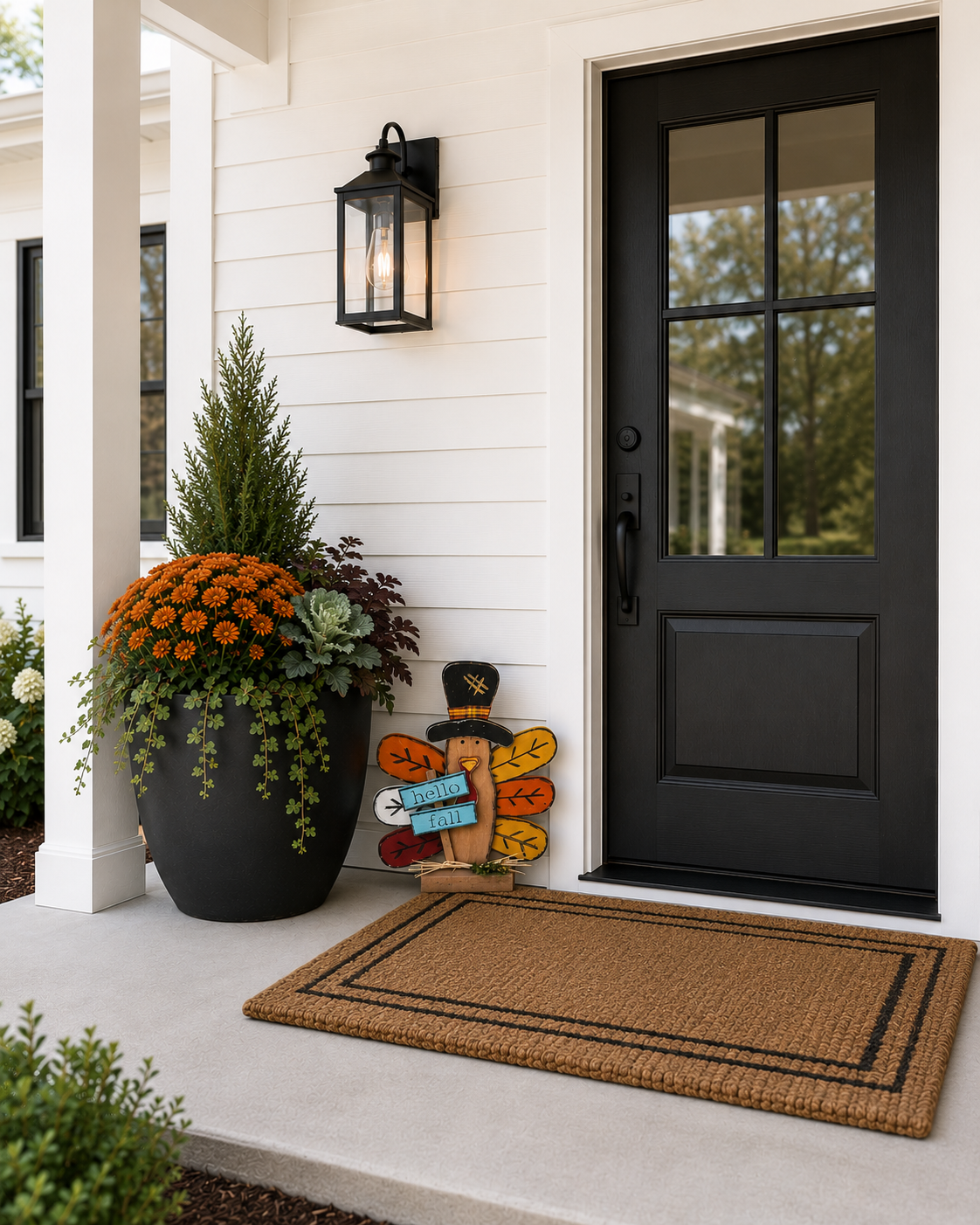Amish Made Hello Fall Turkey Porch Sitter and Yard Stake | Handmade Wooden Garden Decor | Rustic Fall Decor