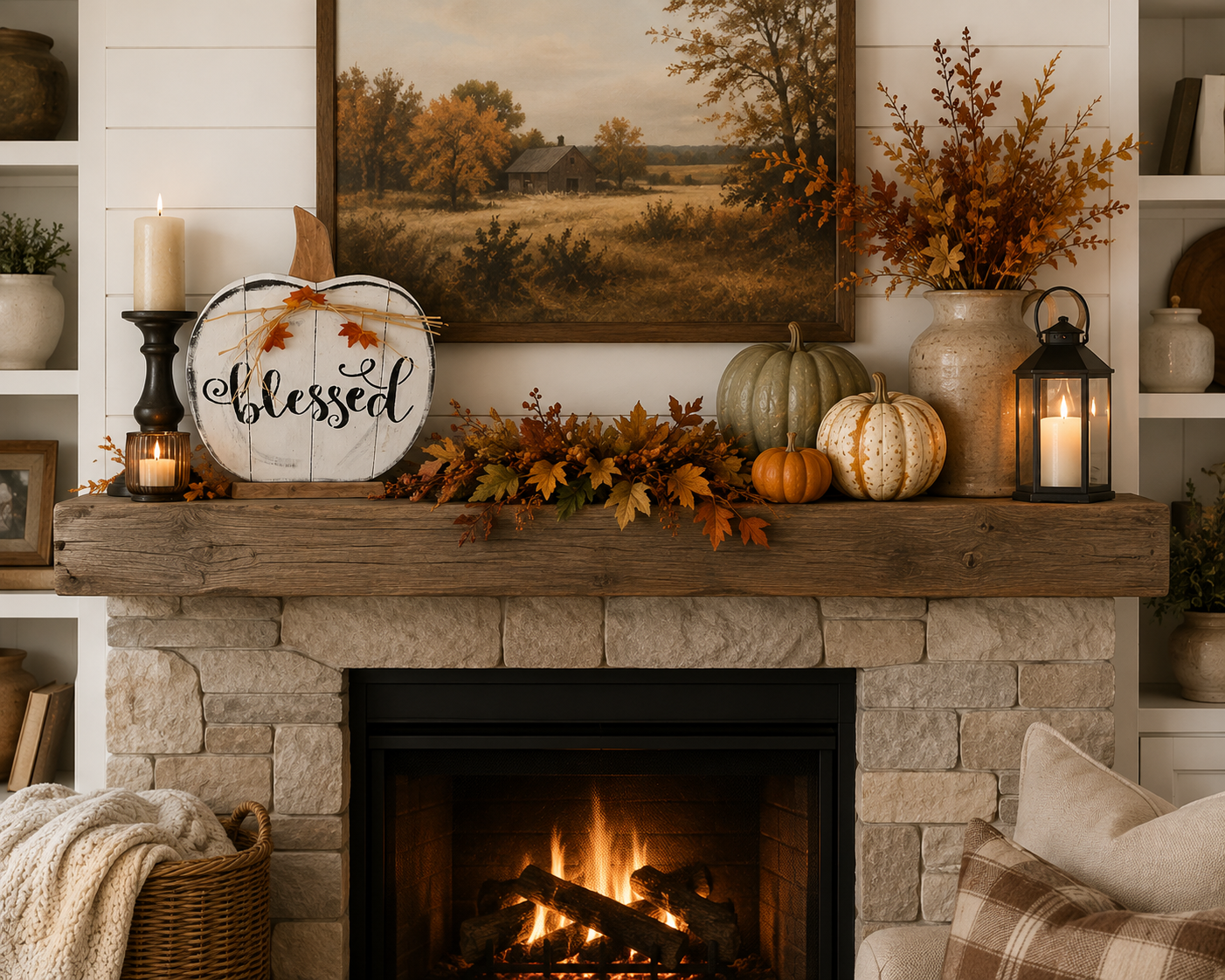 Amish Made "Blessed" Pumpkin Porch Sitter and Yard Stake | Handmade Wooden Garden Decor | Rustic Fall Decor