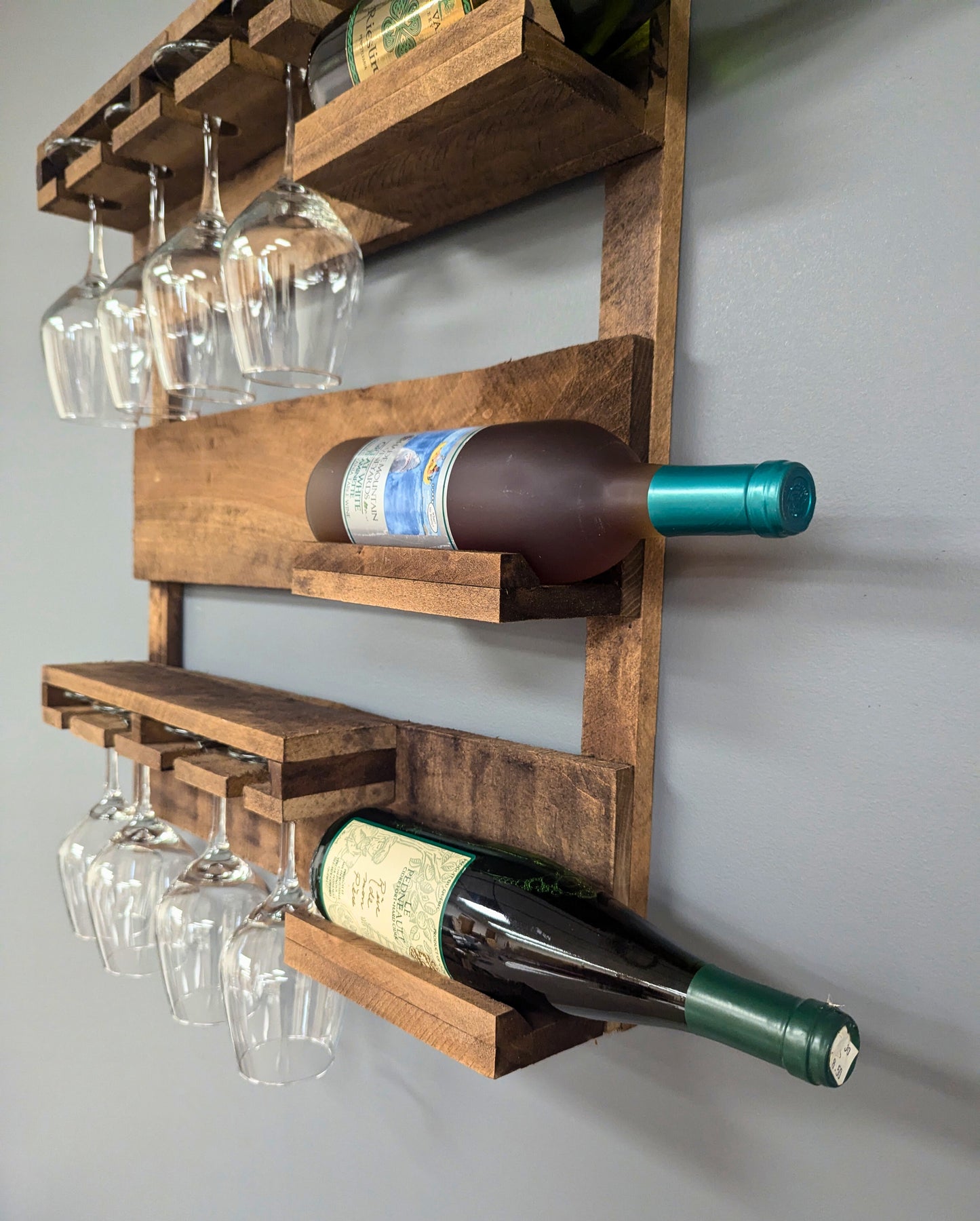 Wooden Wine Rack- 3 Bottle Wine Bar with 8 Glass Holder