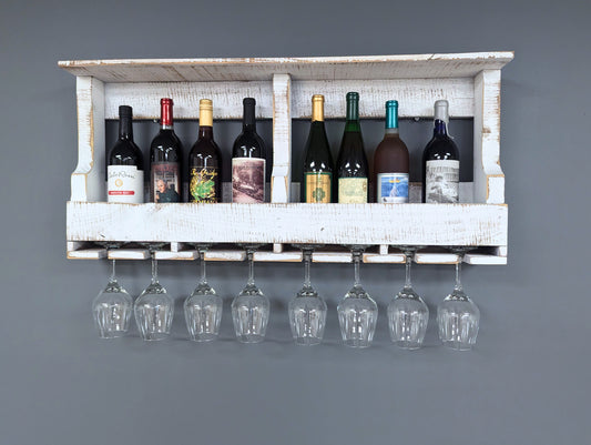 Wall Mounted Wooden 10 Bottle Wine Rack & Glass Hanger - Amish Made