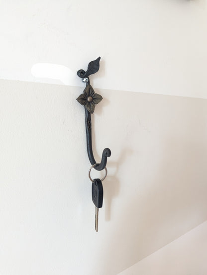 Forged Steel Key/Towel Hook- Small/Large Flower Leaf Design, Handmade w/ Twisted Accent- Blacksmith Created Kitchen, Entryway, Bathroom Dec.