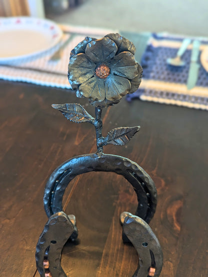 Forged Steel Napkin Holder w/ Horseshoe and Flower Accent –  Rustic Kitchen Accessory, Flower Design for Pony Lovers, Ranch & Farm Decor