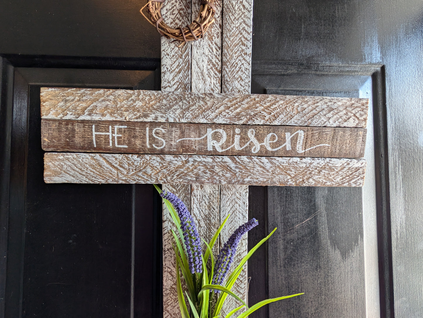 Amish Made Wooden "He is risen" Cross Decor | Wood Lathe Cross | Rustic Farmhouse Christian Home Decor | White or Natural Wood