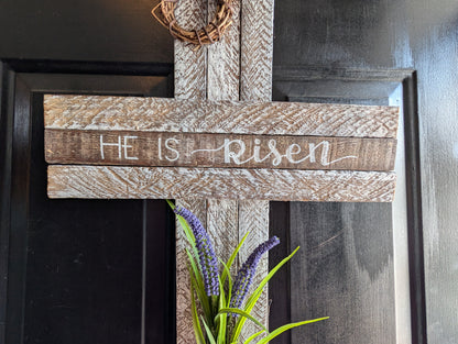 Amish Made Wooden "He is risen" Cross Decor | Wood Lathe Cross | Rustic Farmhouse Christian Home Decor | White or Natural Wood