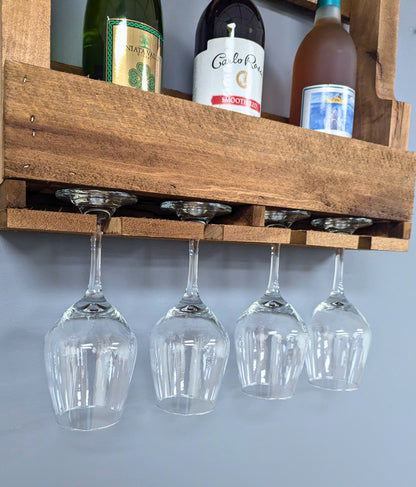 Wooden Wall Mount 4 Bottle Wine Rack - Amish Made Wine Storage & Wine Glass Hanger