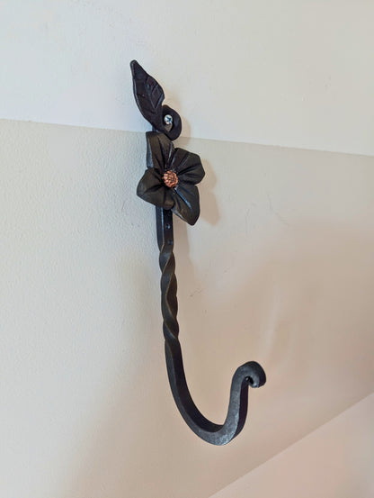 Forged Steel Key/Towel Hook- Small/Large Flower Leaf Design, Handmade w/ Twisted Accent- Blacksmith Created Kitchen, Entryway, Bathroom Dec.