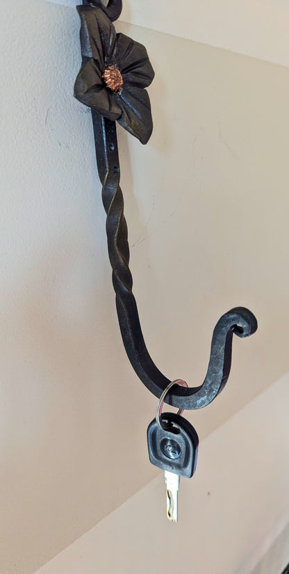 Forged Steel Key/Towel Hook- Small/Large Flower Leaf Design, Handmade w/ Twisted Accent- Blacksmith Created Kitchen, Entryway, Bathroom Dec.