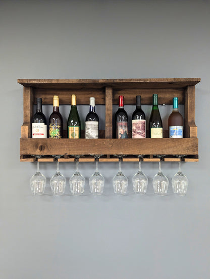 Wall Mounted Wooden 10 Bottle Wine Rack & Glass Hanger - Amish Made