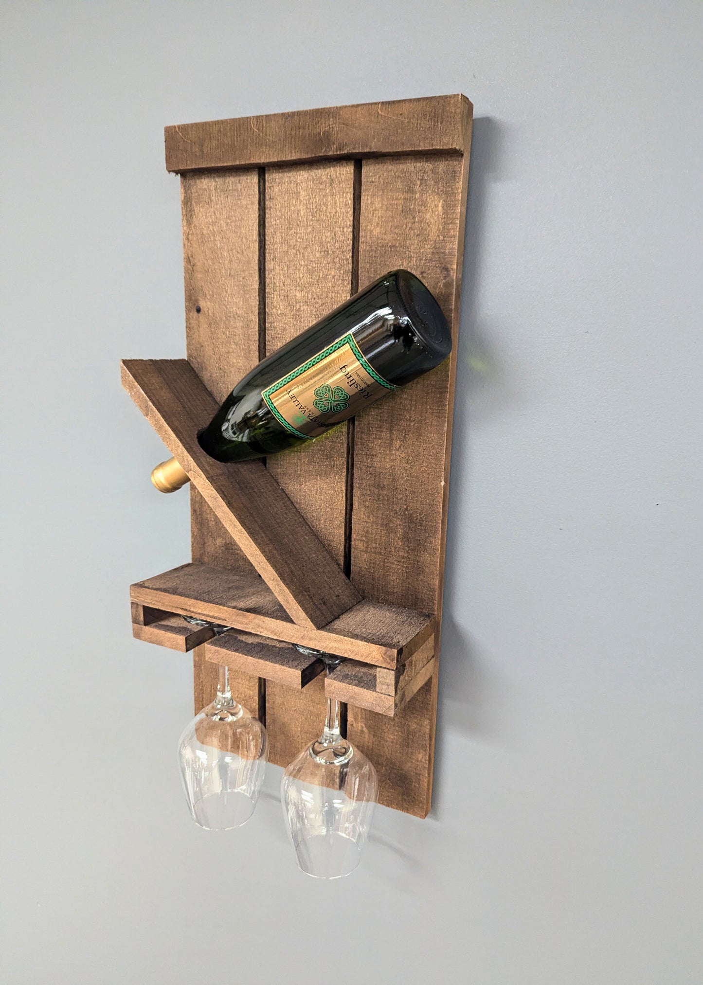 Wall Mount Wooden Wine Rack - Amish Made 1 Bottle Holder with Glass Hanger