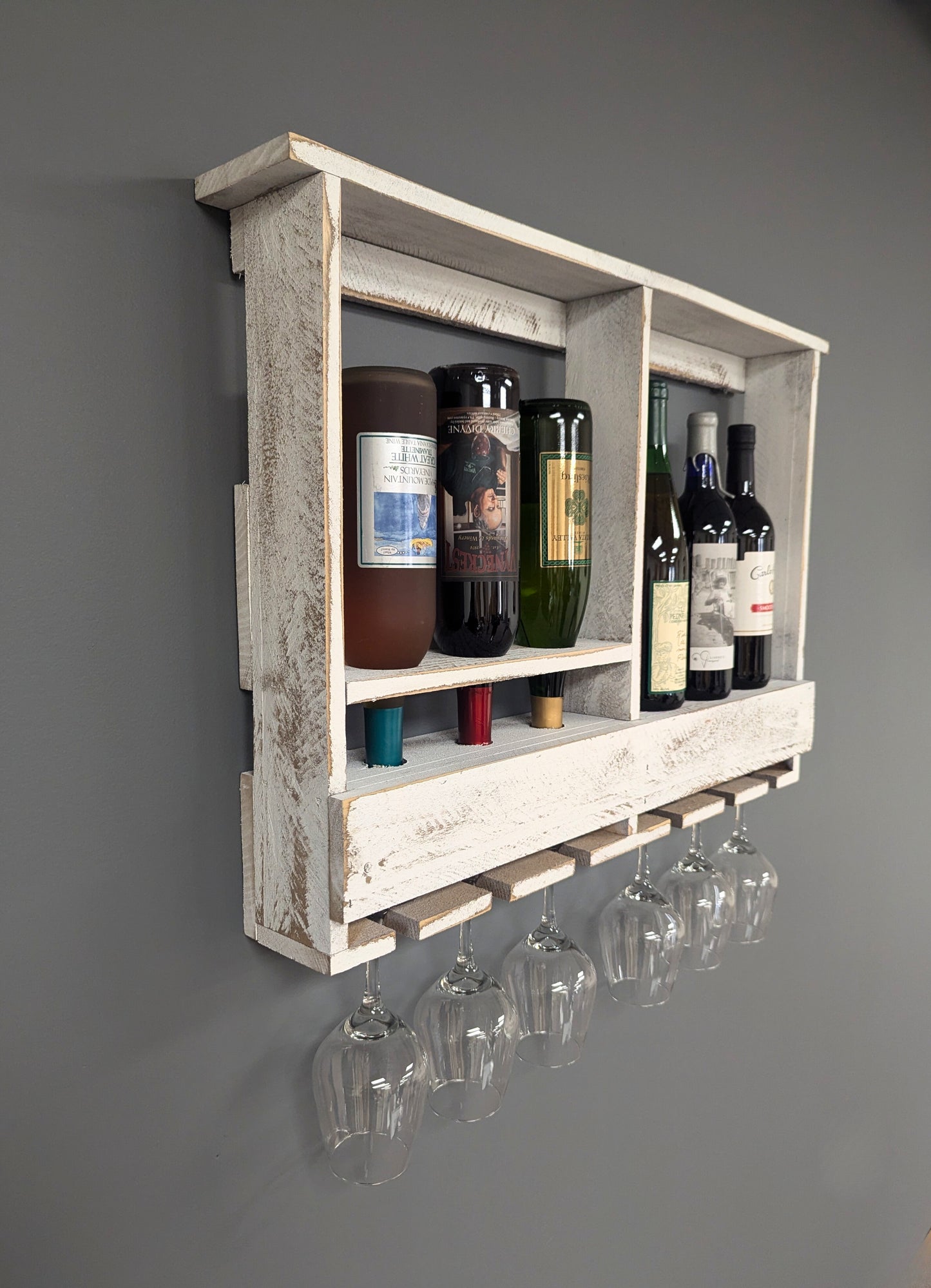 Amish Made 6 Bottle Wine Rack - Wall Mount Wine Storage & Glass Hanger - Wooden Pallet Bar Decor - Kitchen Organization