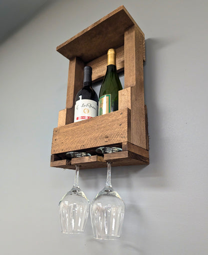Wall Mount Wooden Wine Rack -2 Bottle Holder with Glass Hanger- Amish Made