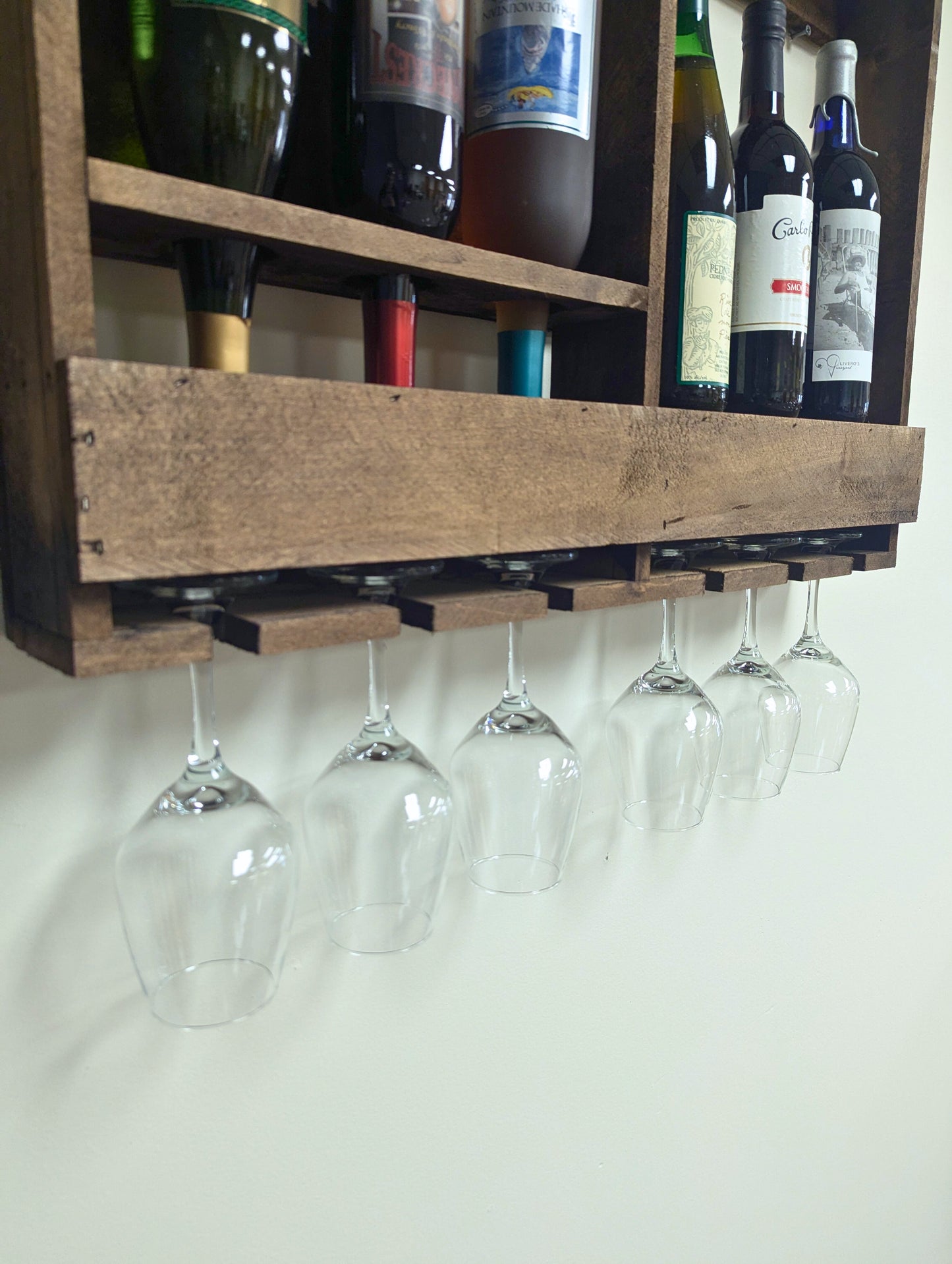 Amish Made 6 Bottle Wine Rack - Wall Mount Wine Storage & Glass Hanger - Wooden Pallet Bar Decor - Kitchen Organization