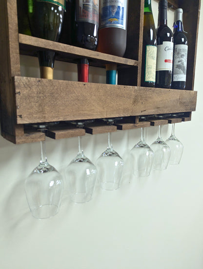 Amish Made 6 Bottle Wine Rack - Wall Mount Wine Storage & Glass Hanger - Wooden Pallet Bar Decor - Kitchen Organization