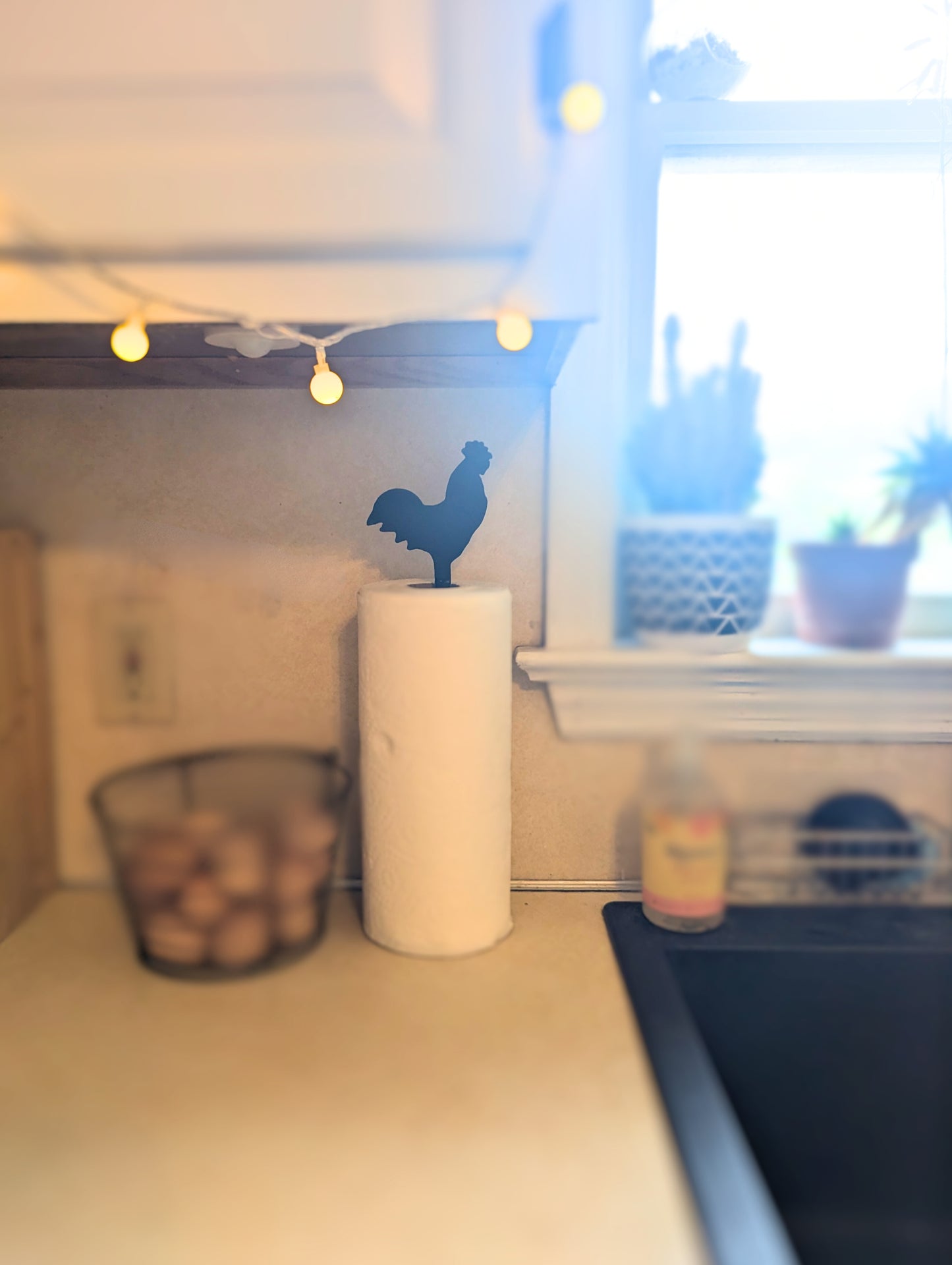 Rooster Paper Towel Holder - Wrought Iron - 16" high - Amish made