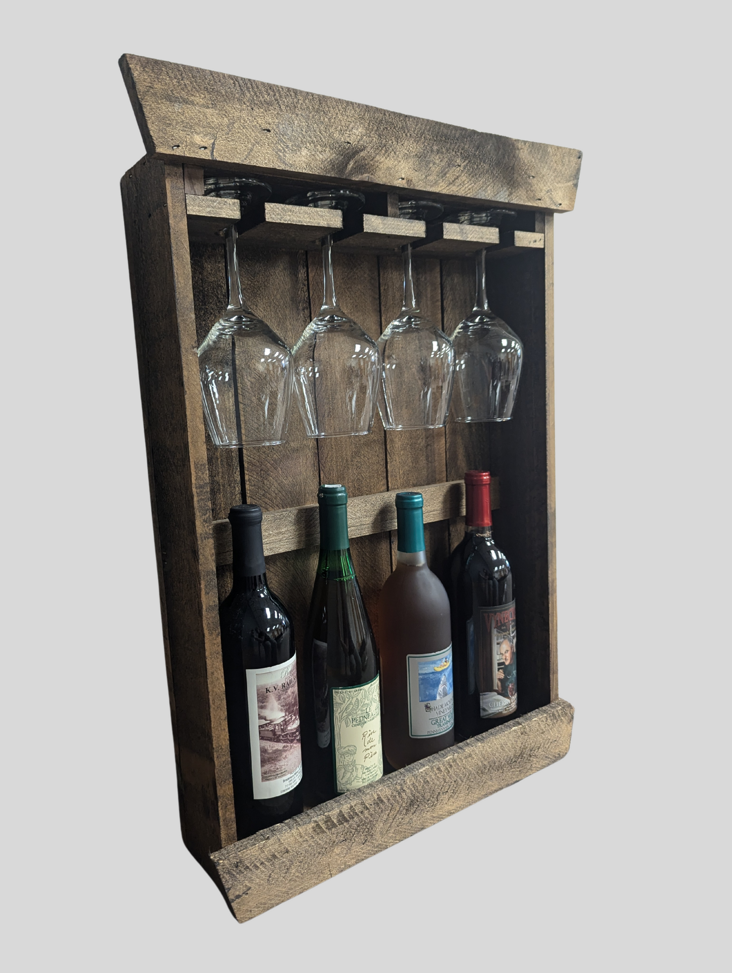 Wall Mount 5 Bottle Wine Rack - Amish Made Wine Storage with Glass Hanger