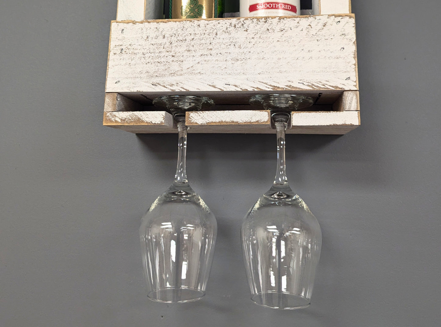 Wall Mount Wooden Wine Rack -2 Bottle Holder with Glass Hanger- Amish Made